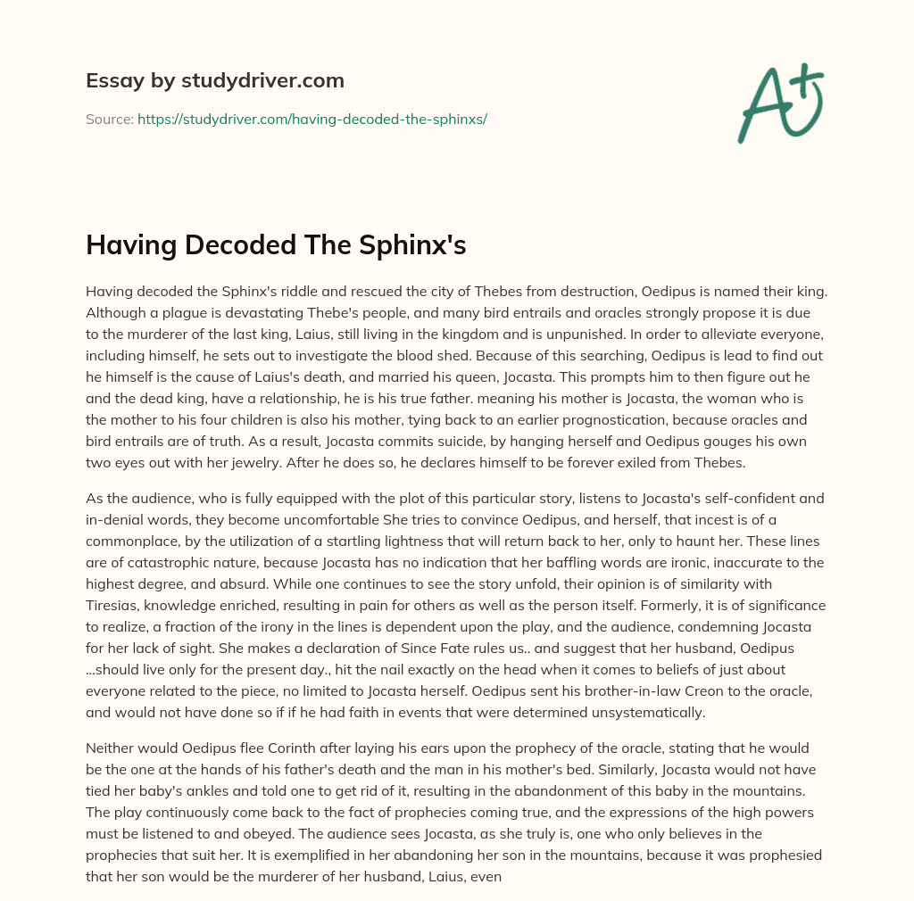 Having Decoded the Sphinx’s essay