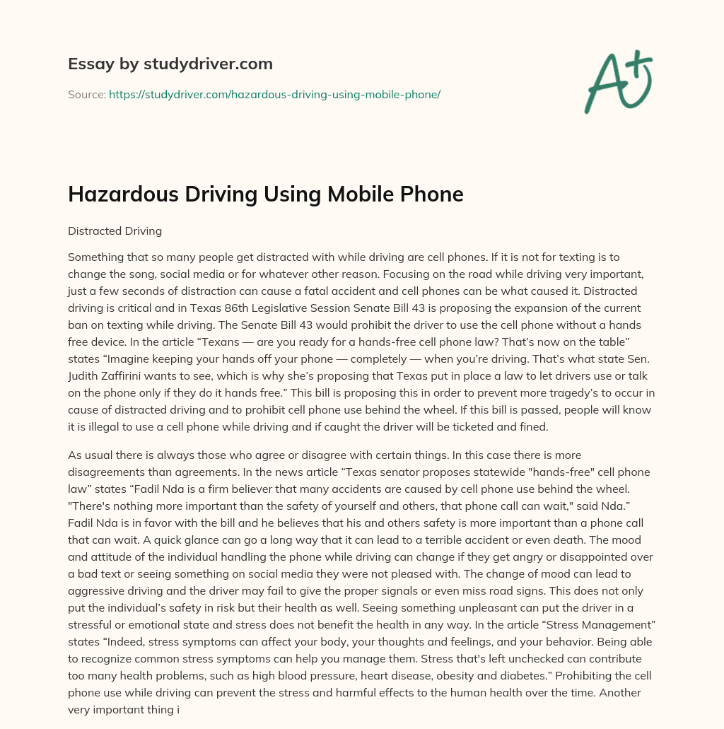 Hazardous Driving Using Mobile Phone essay
