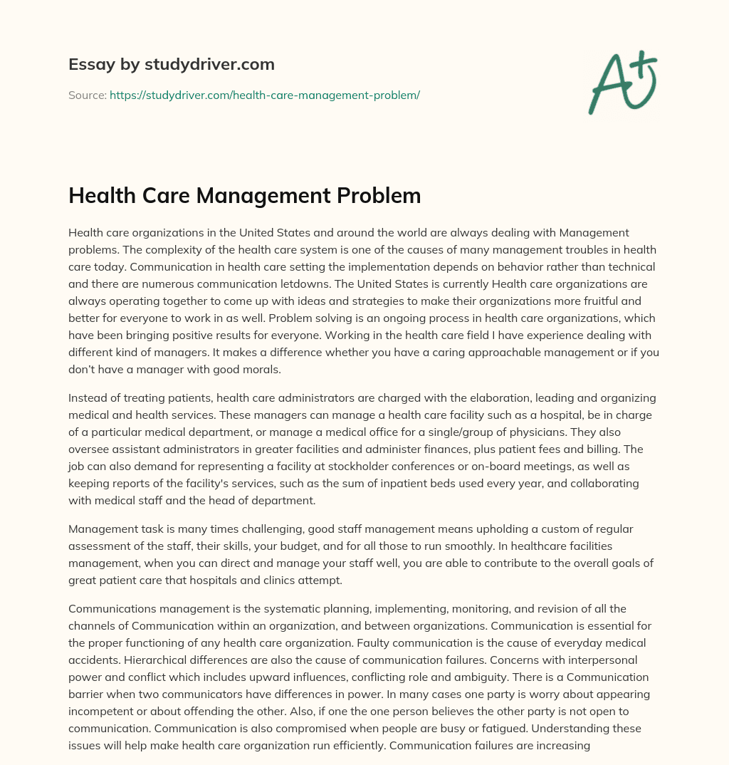 Health Care Management Problem essay