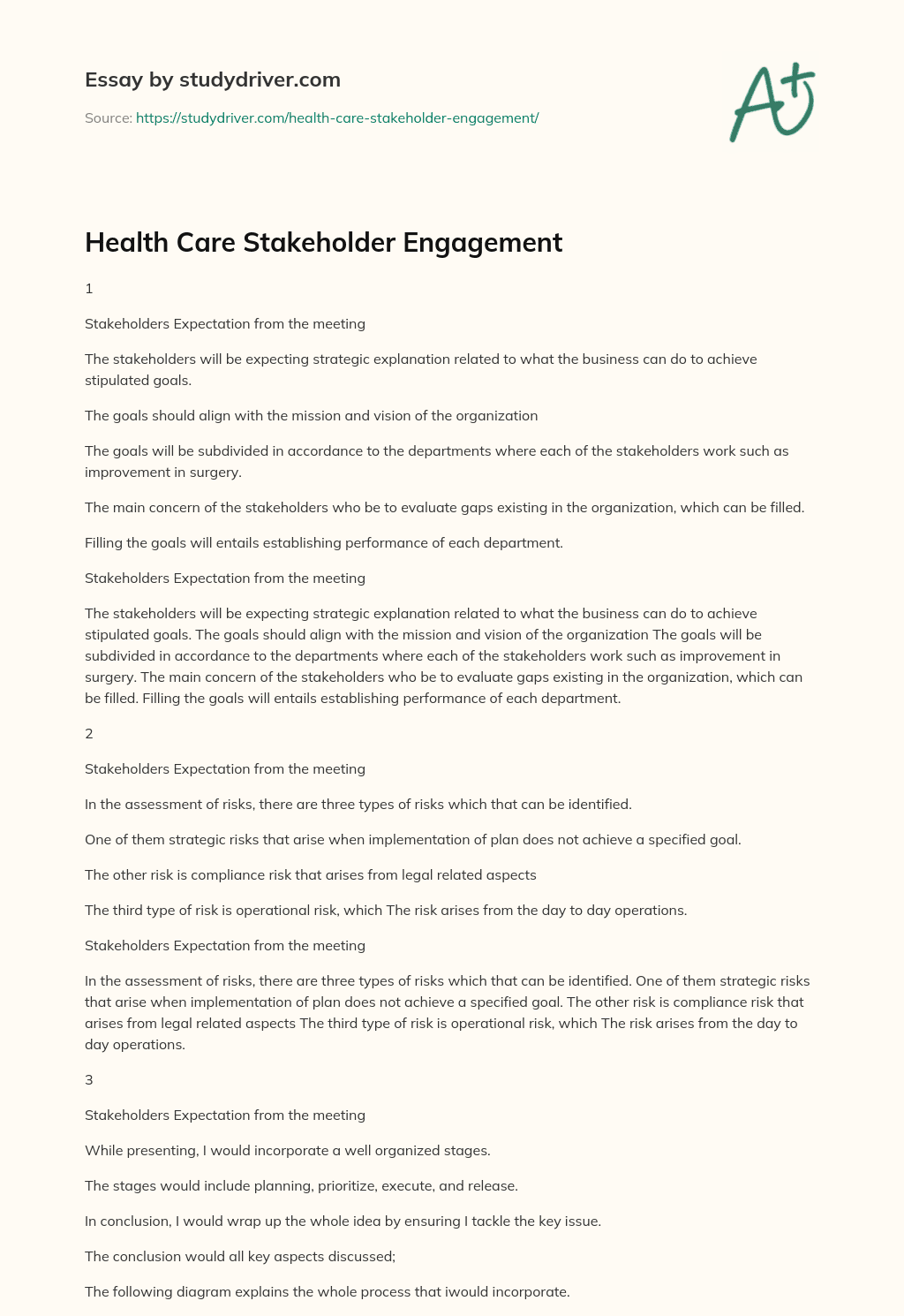 Health Care Stakeholder Engagement essay
