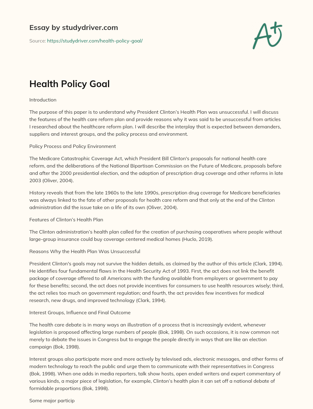 Health Policy Goal essay