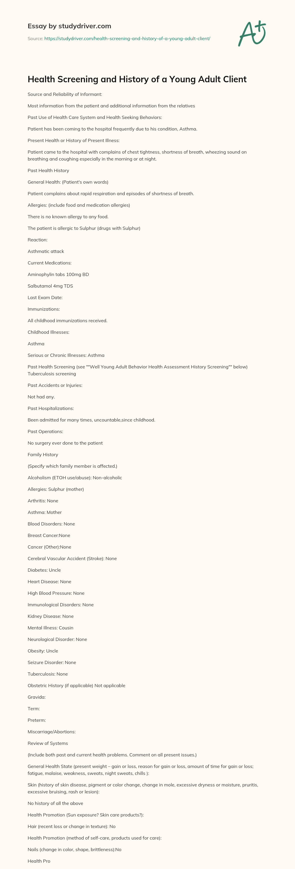 Health Screening and History of a Young Adult Client essay