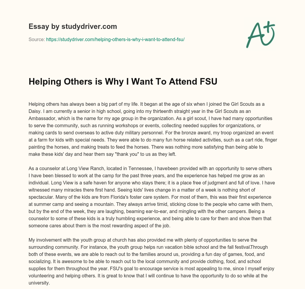 Helping Others is why i Want to Attend FSU essay