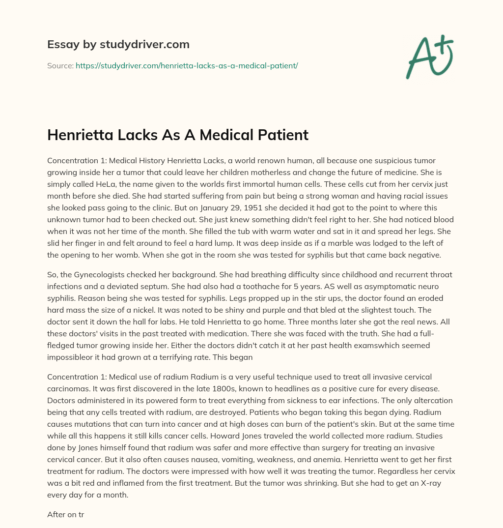 Henrietta Lacks as a Medical Patient essay