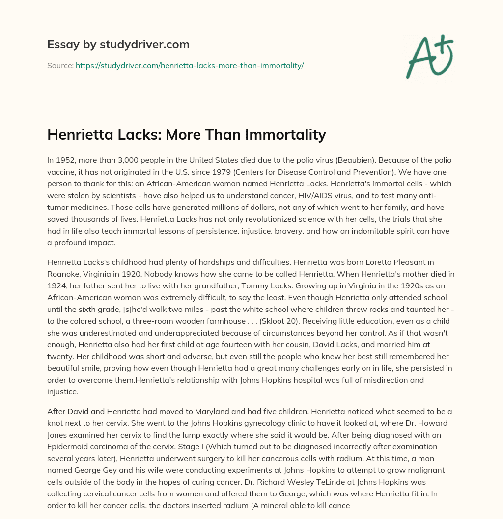 Henrietta Lacks: more than Immortality essay