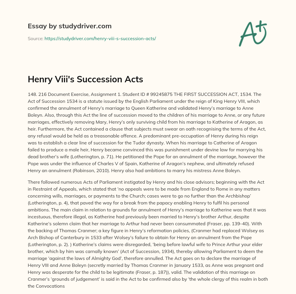 Henry Viii’s Succession Acts essay