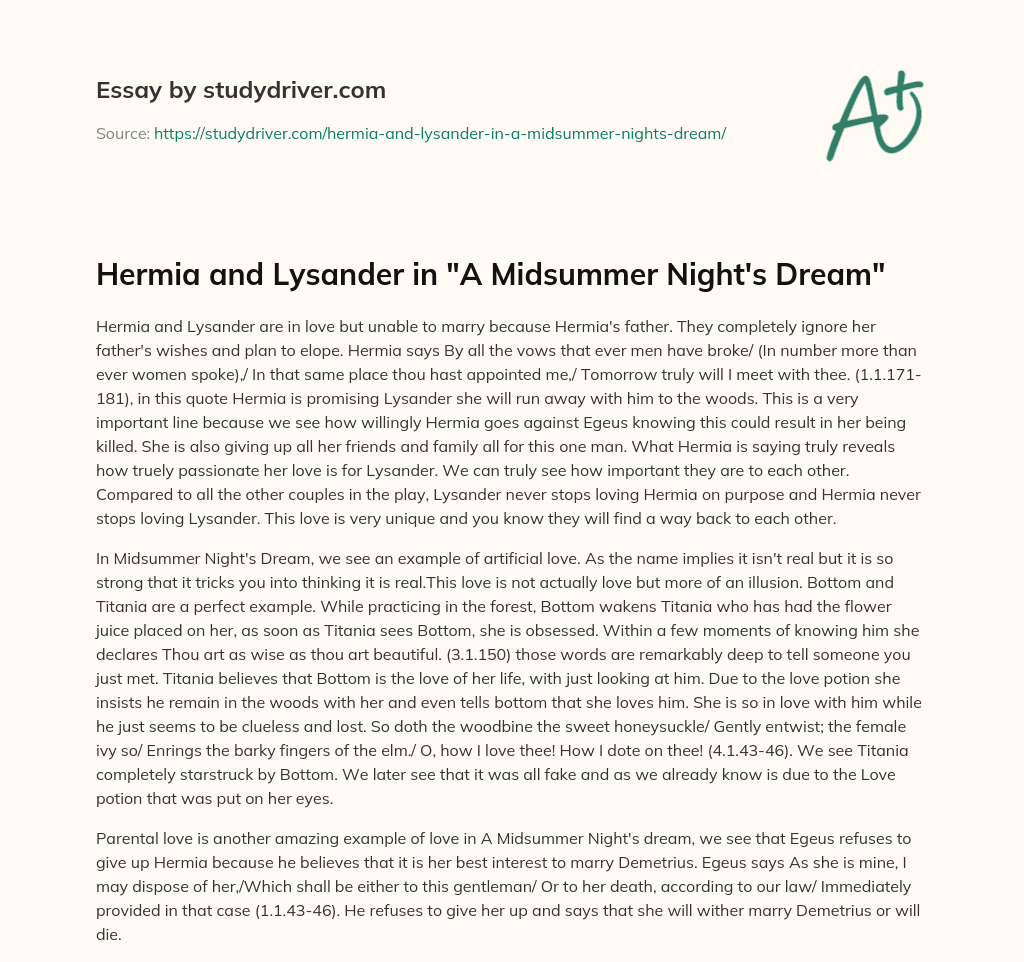 Hermia and Lysander in “A Midsummer Night’s Dream” essay