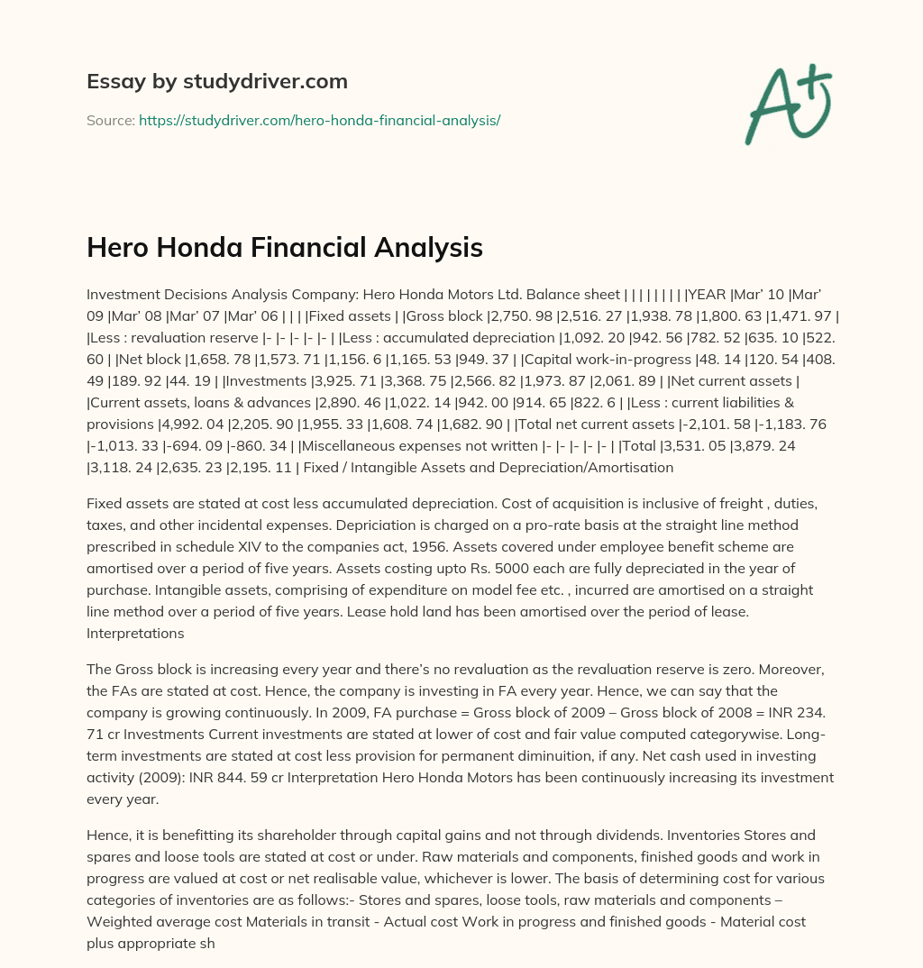 Hero Honda Financial Analysis essay