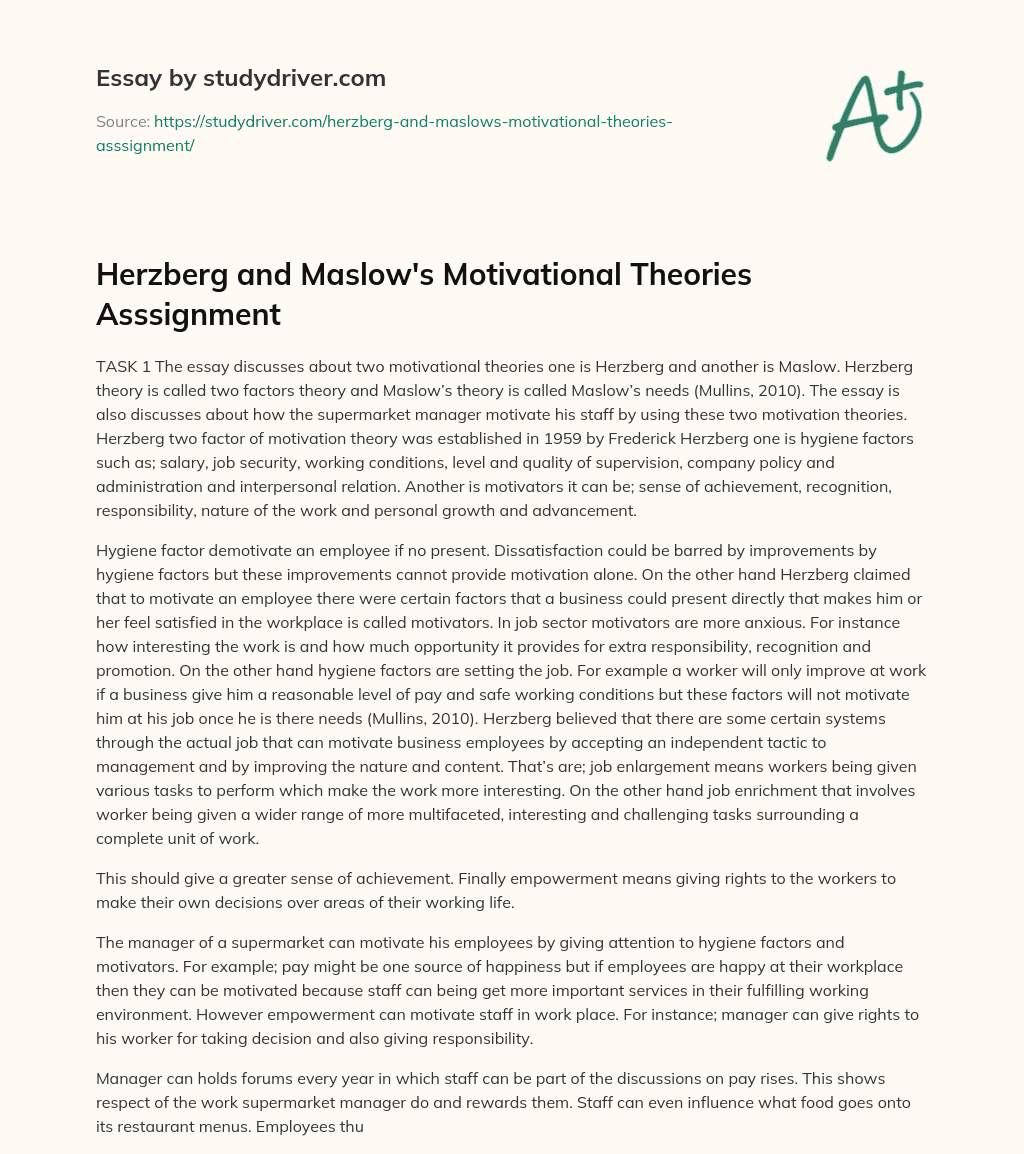 Herzberg and Maslow’s Motivational Theories Asssignment essay