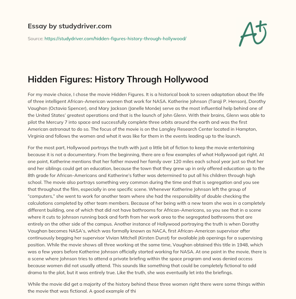 Hidden Figures: History through Hollywood essay