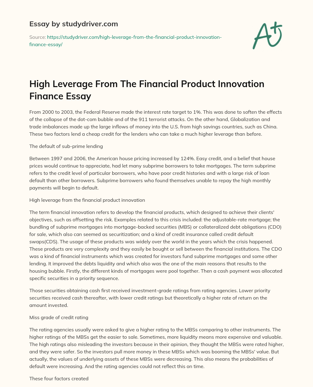 High Leverage from the Financial Product Innovation Finance Essay essay
