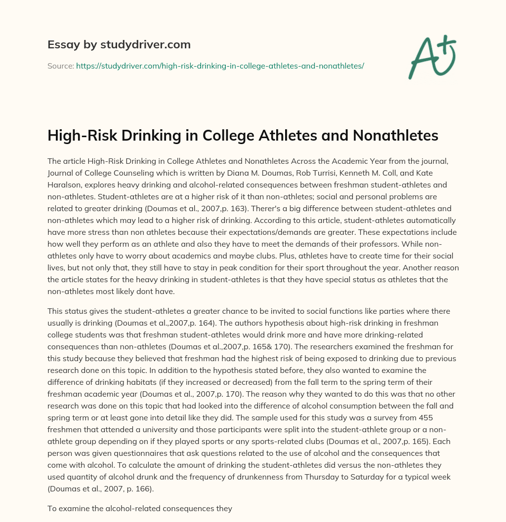 High-Risk Drinking in College Athletes and Nonathletes essay