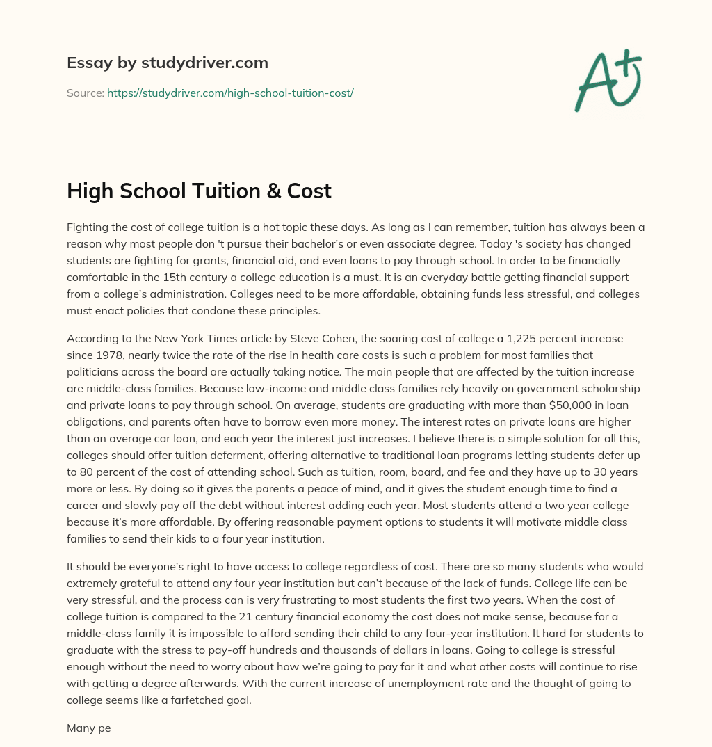 High School Tuition & Cost essay