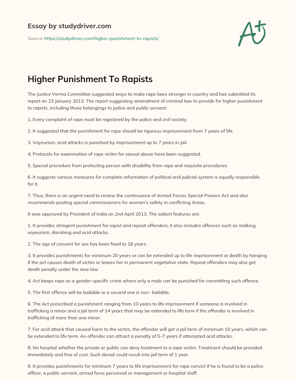 Higher Punishment to Rapists essay