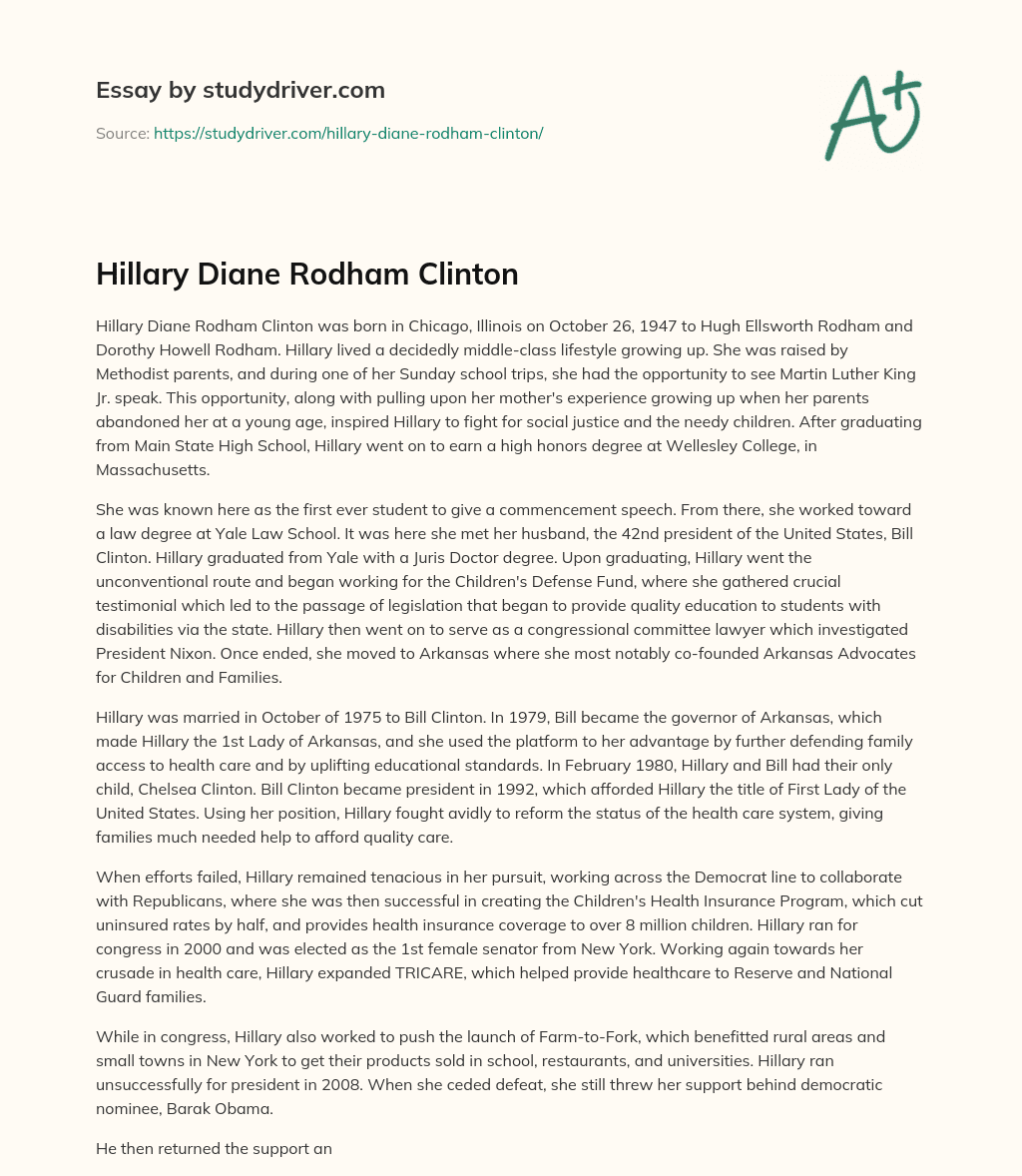 Hillary Diane Rodham Clinton essay