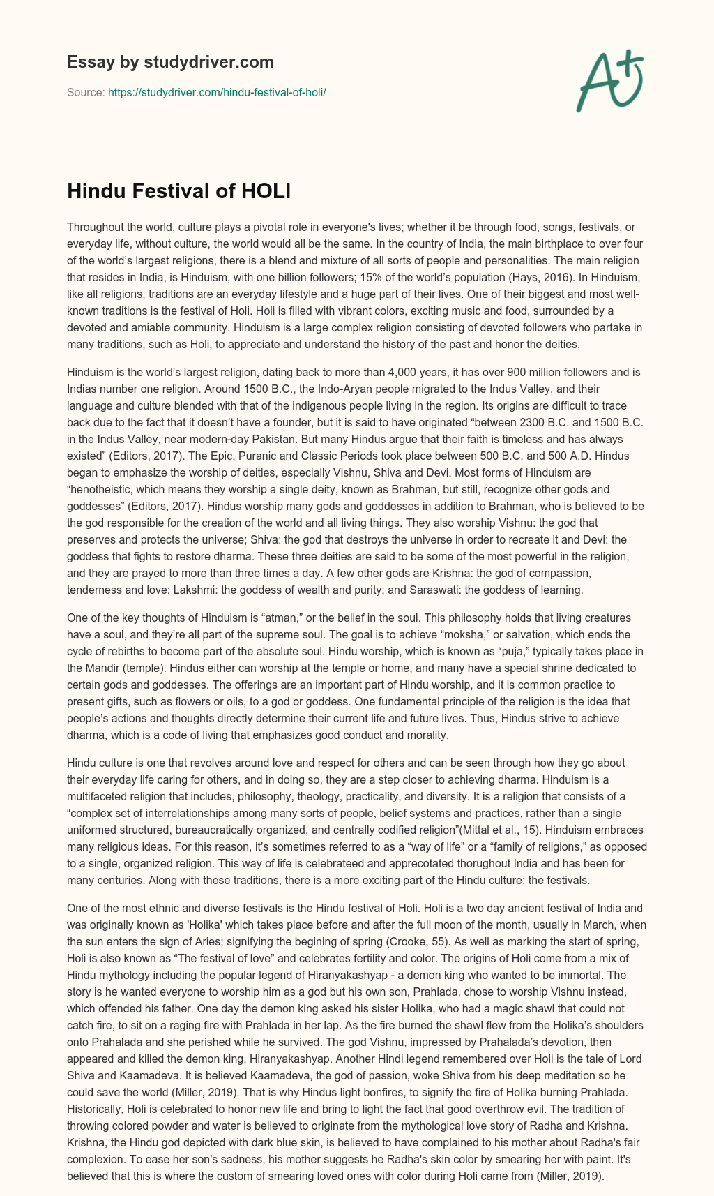 Hindu Festival of HOLI essay