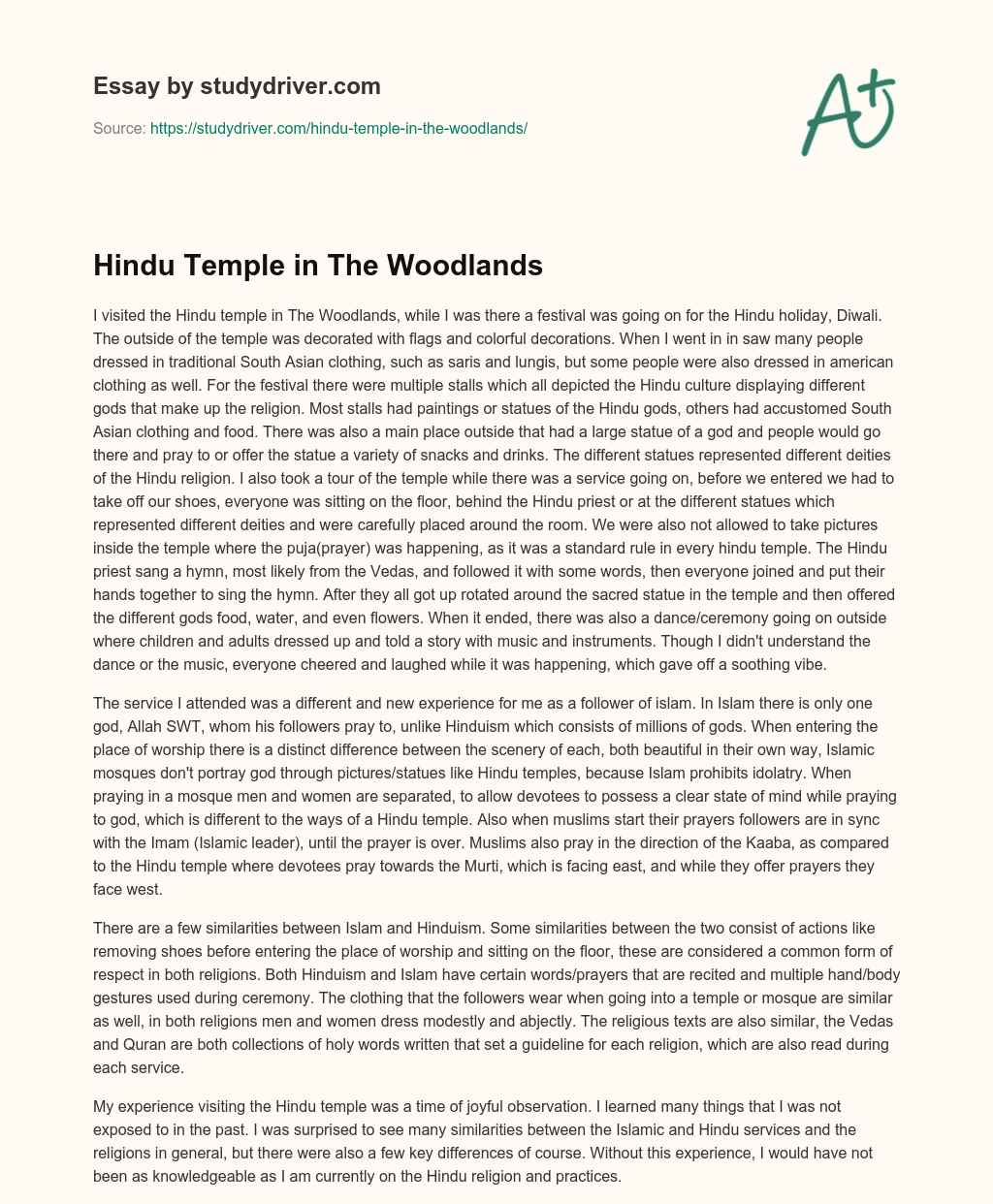 Hindu Temple in the Woodlands essay