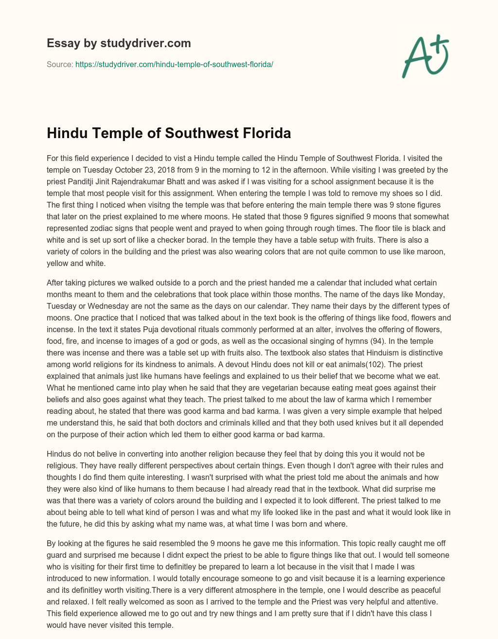 Hindu Temple of Southwest Florida essay