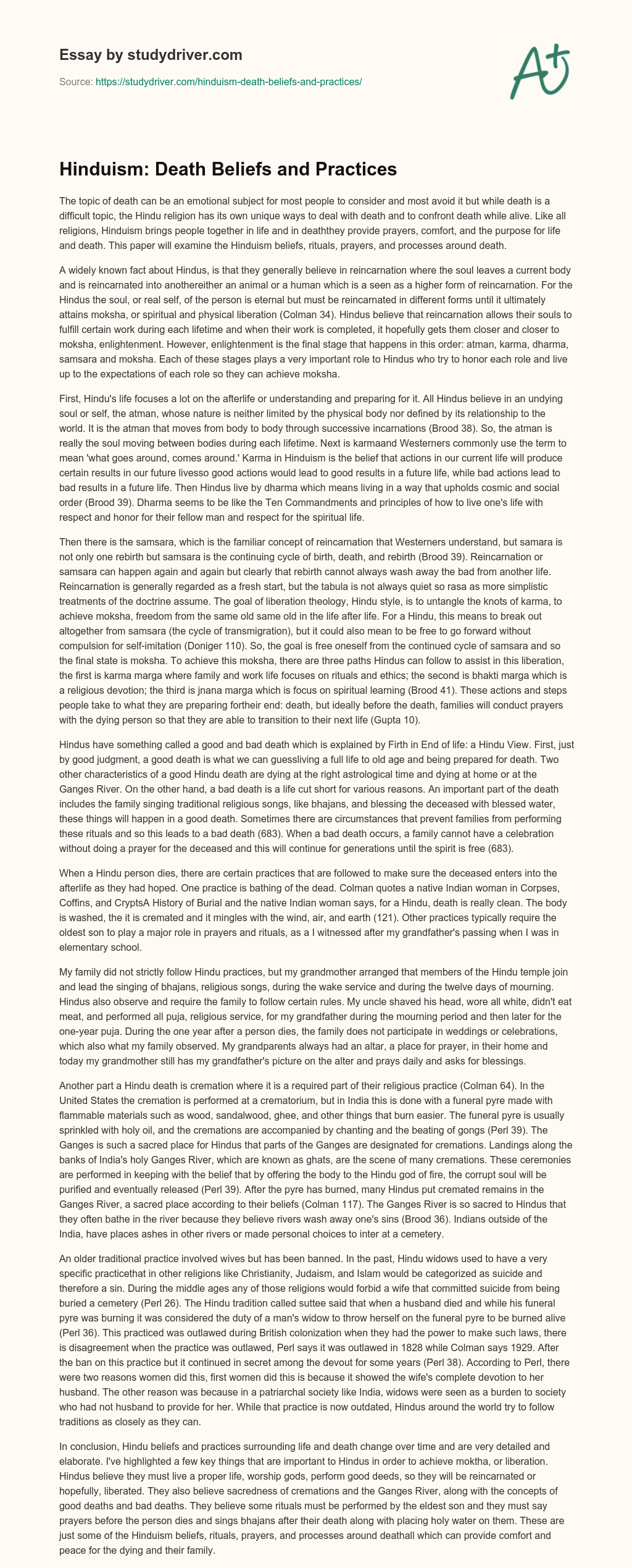 Hinduism: Death Beliefs and Practices essay