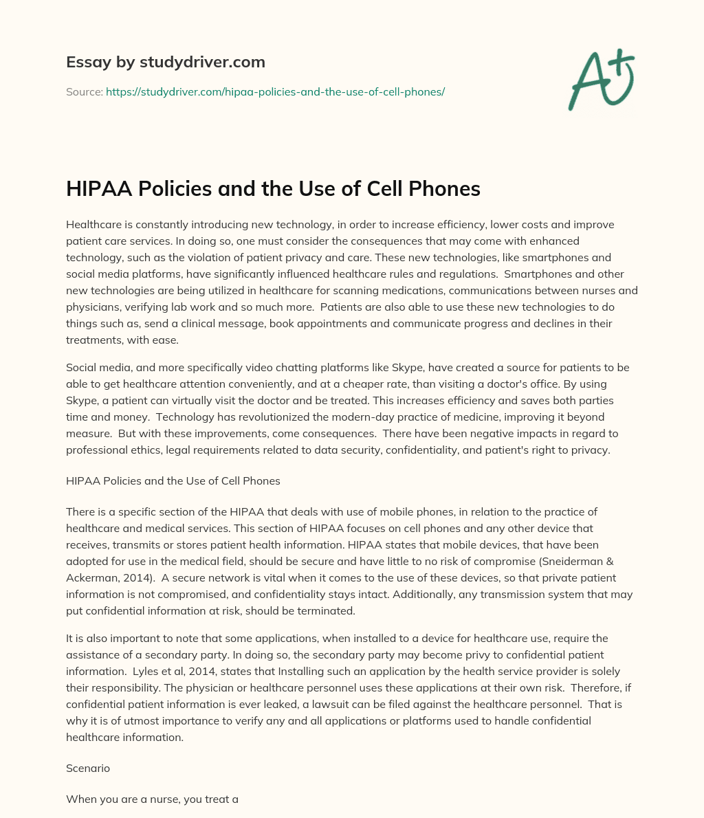 HIPAA Policies and the Use of Cell Phones essay