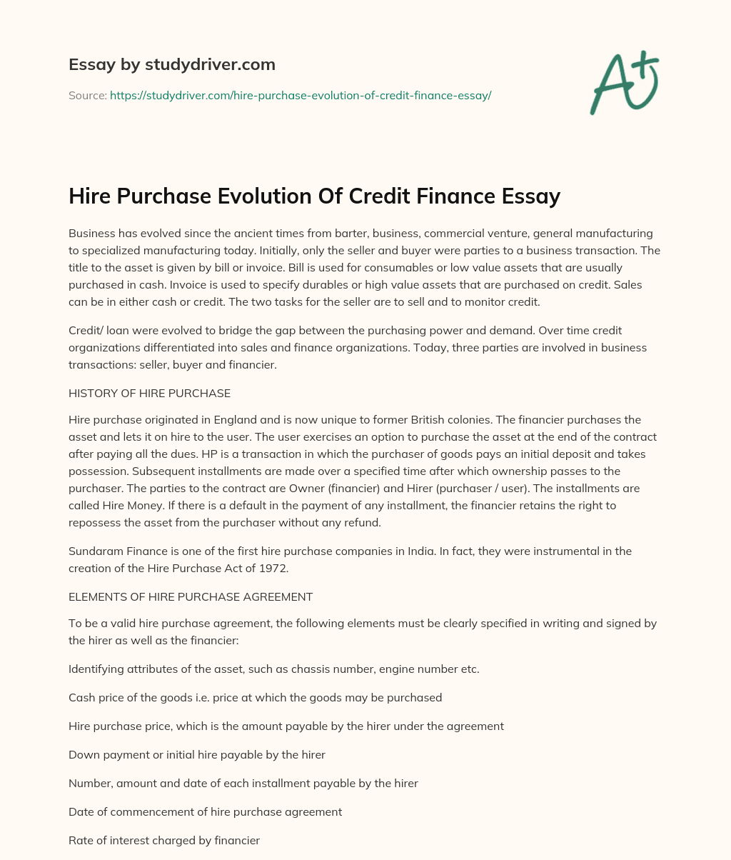 Hire Purchase Evolution of Credit Finance Essay essay