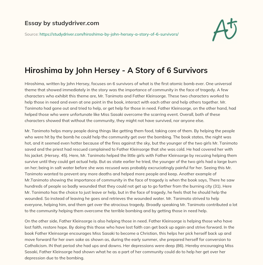 Hiroshima by John Hersey – a Story of 6 Survivors essay
