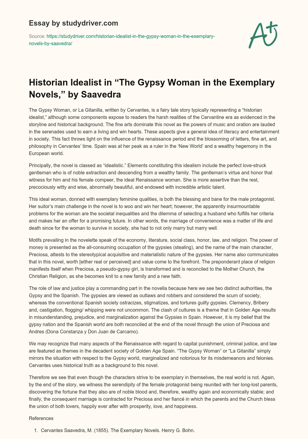 Historian Idealist in “The Gypsy Woman in the Exemplary Novels,” by Saavedra essay