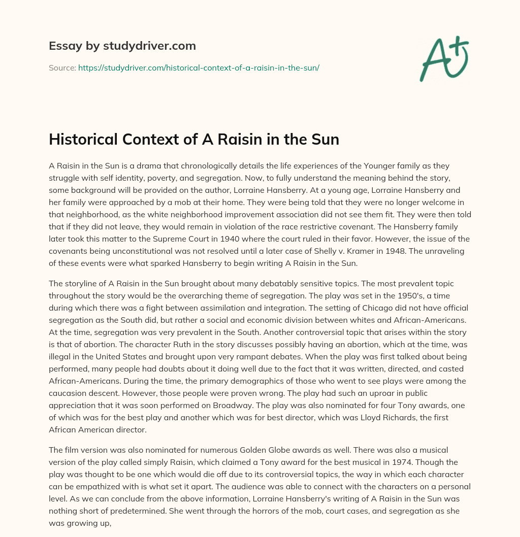 Historical Context of a Raisin in the Sun essay