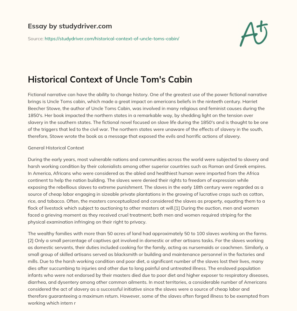 Historical Context of Uncle Tom’s Cabin essay