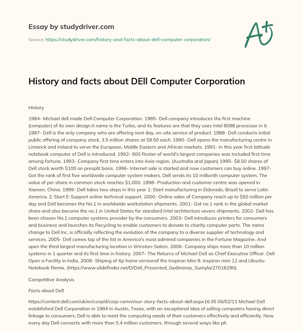 History and Facts about DEll Computer Corporation essay