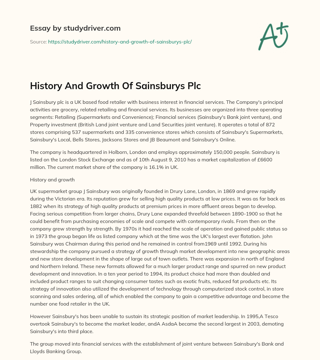 History and Growth of Sainsburys Plc essay