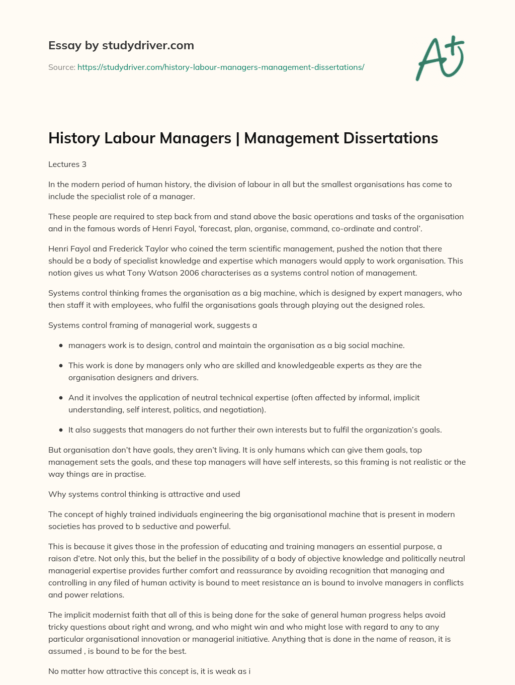 History Labour Managers | Management Dissertations essay