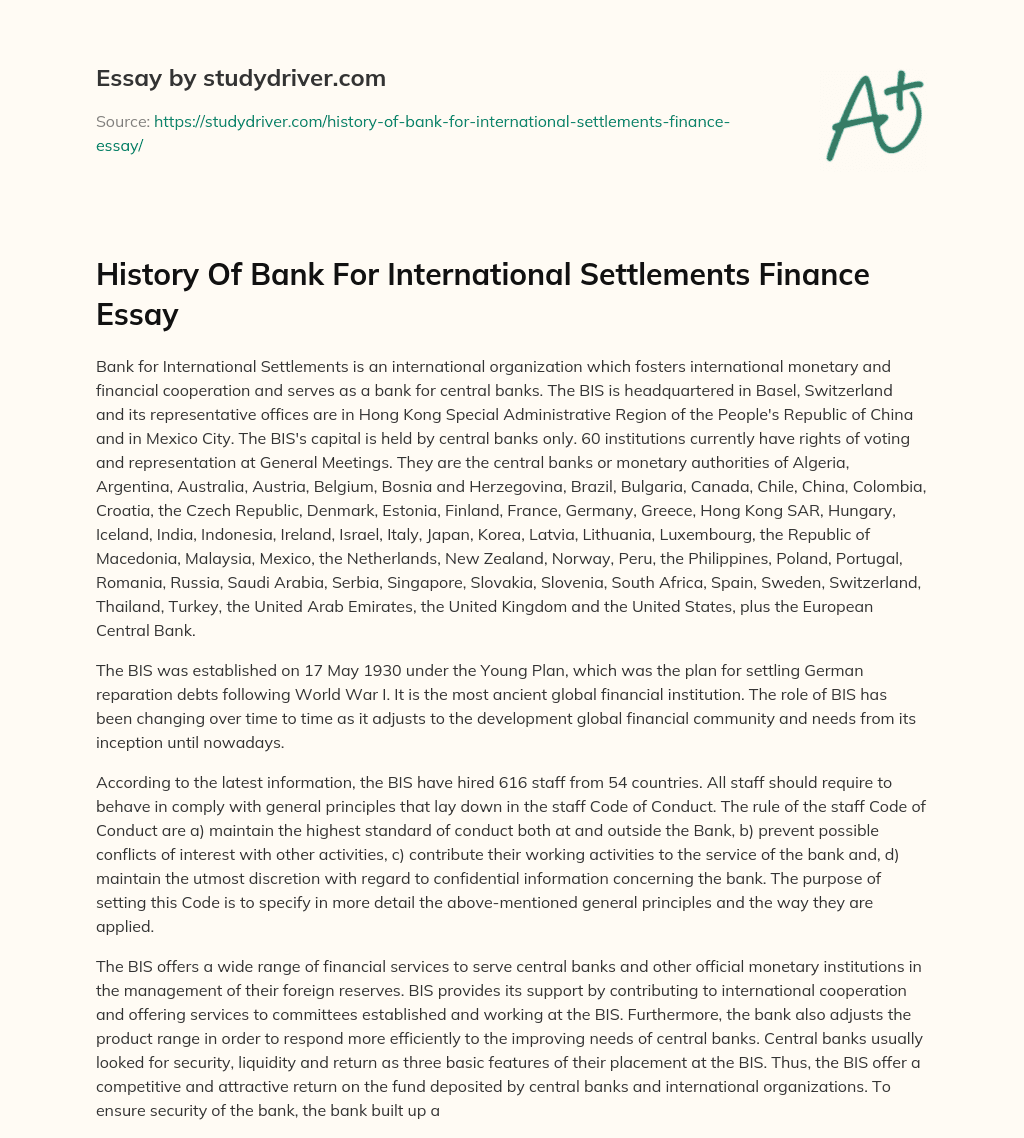 History of Bank for International Settlements Finance Essay essay