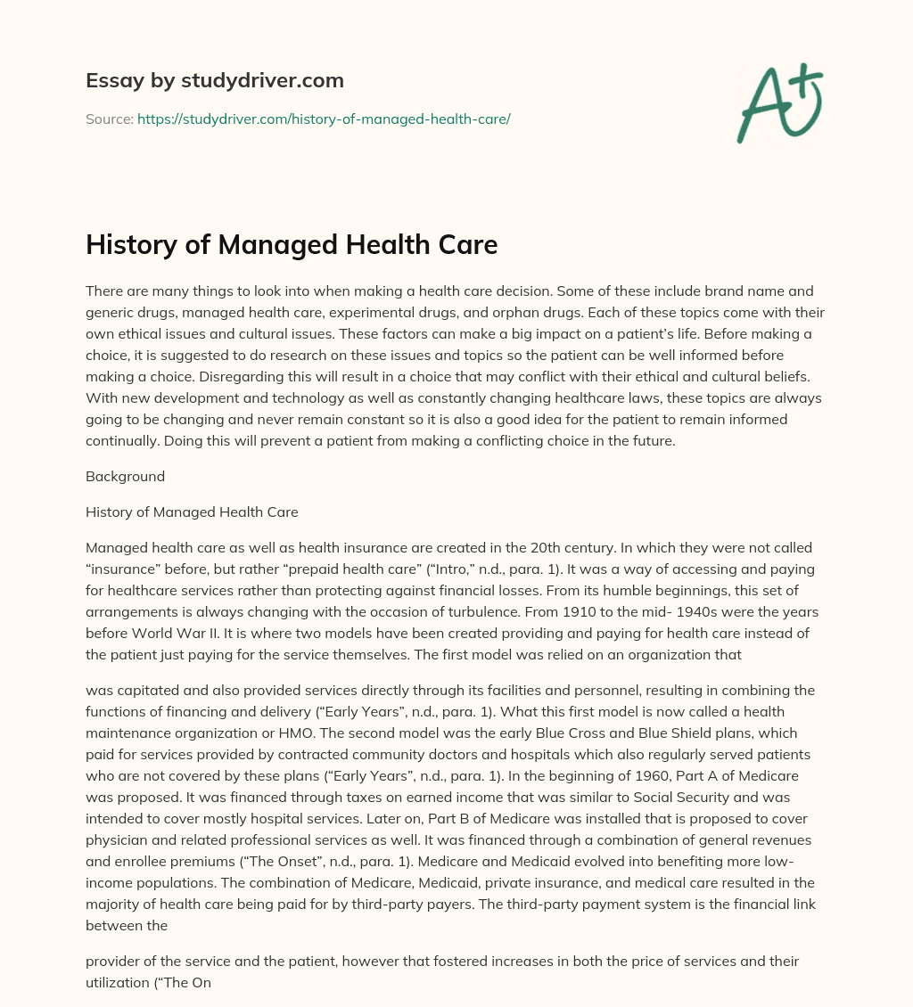History of Managed Health Care essay