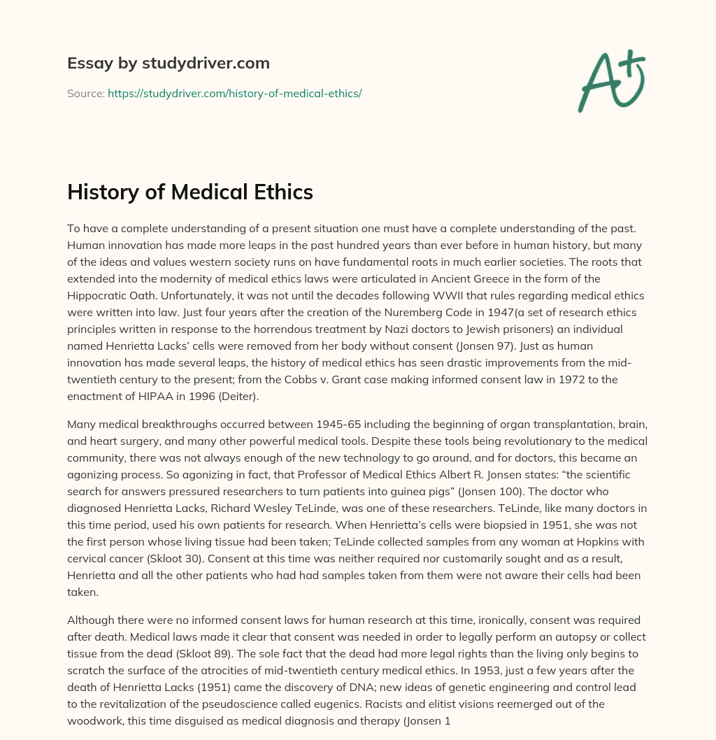 History of Medical Ethics essay