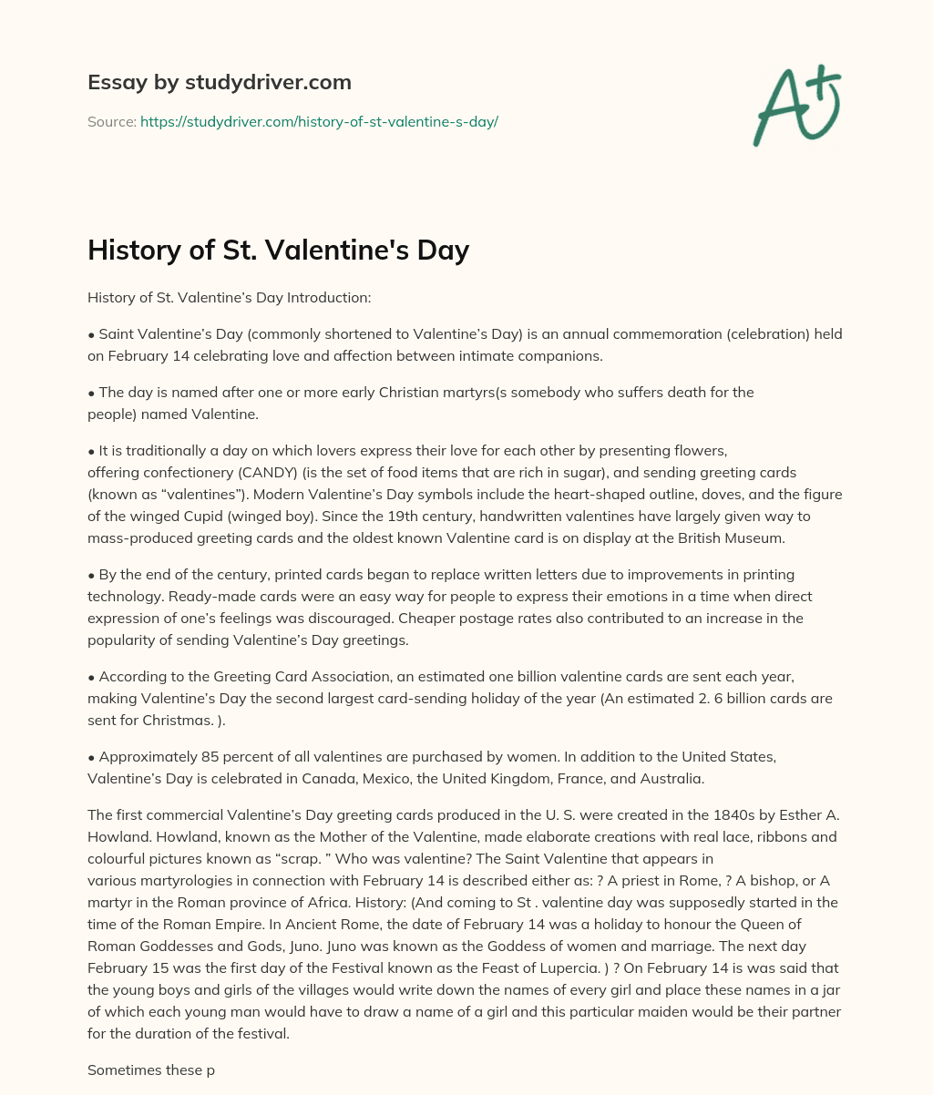 History of St. Valentine’s Day essay