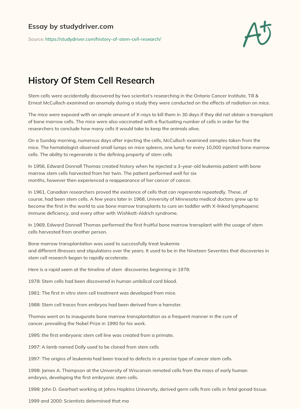 History of Stem Cell Research essay
