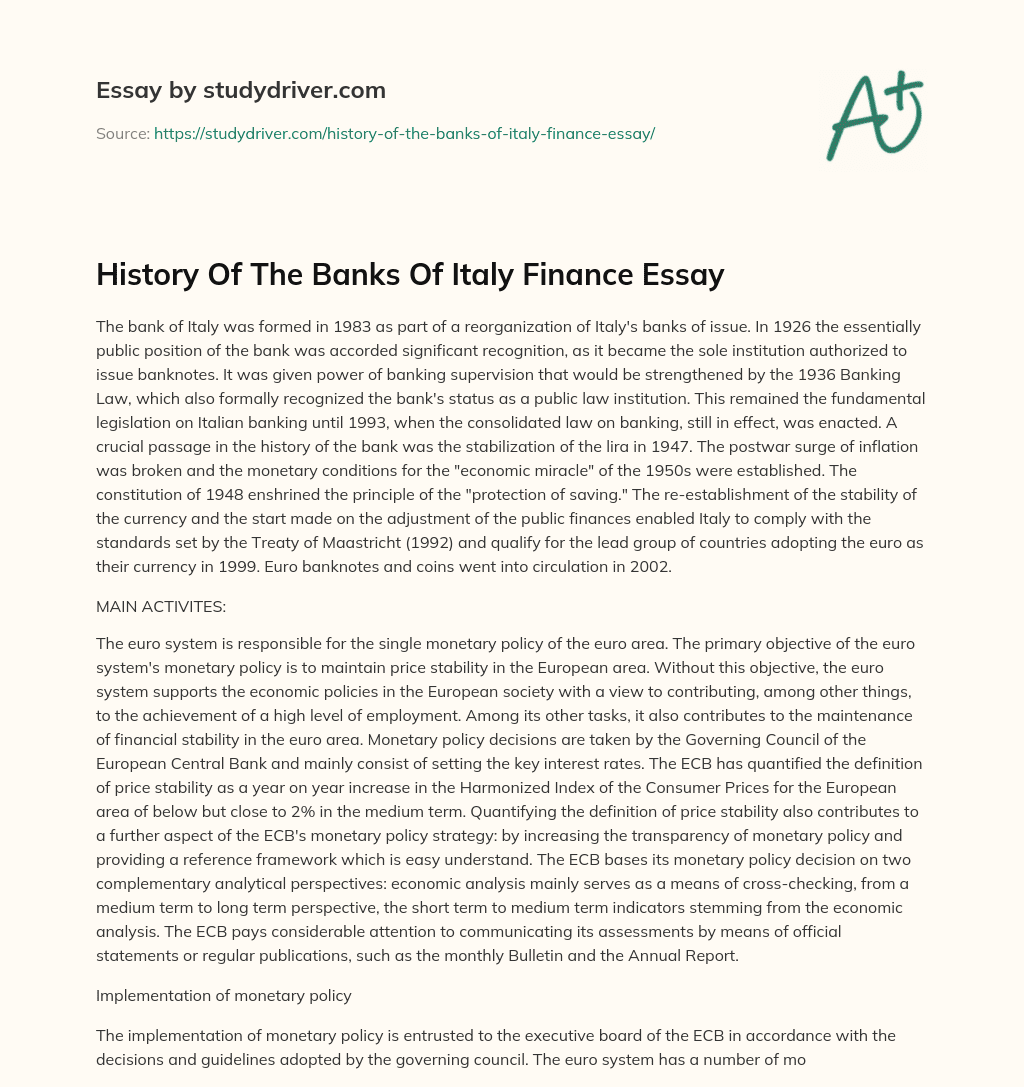 History of the Banks of Italy Finance Essay essay