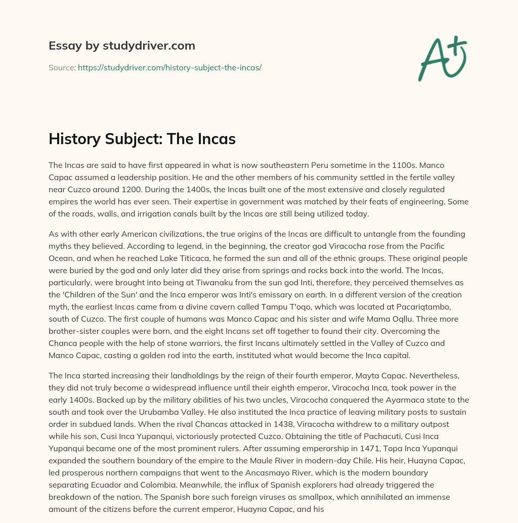 History Subject: the Incas essay