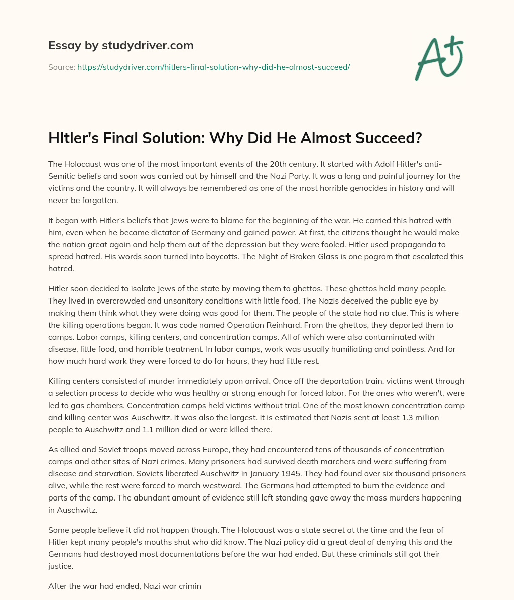 HItler’s Final Solution: why did he Almost Succeed? essay
