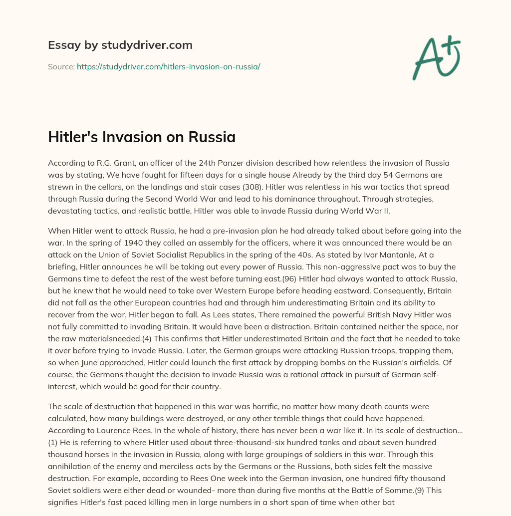 Hitler’s Invasion on Russia essay