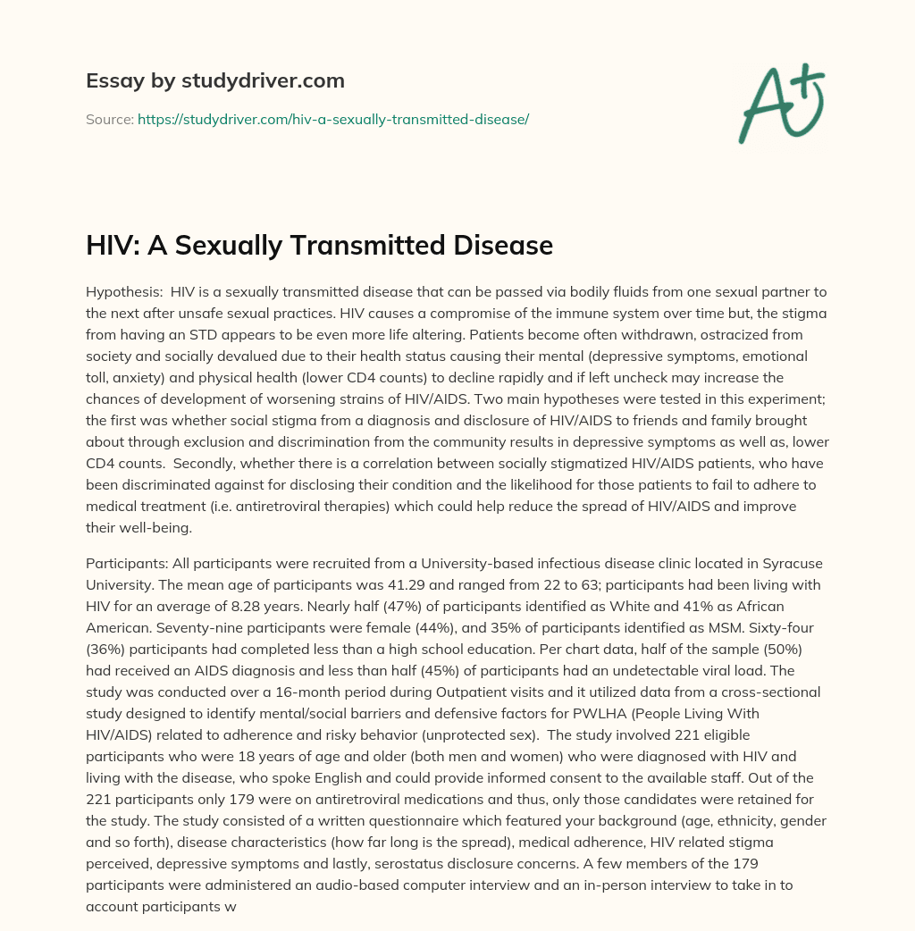 HIV: a Sexually Transmitted Disease essay