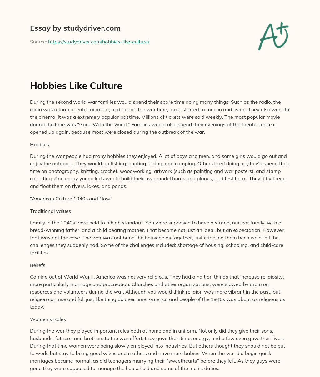 Hobbies Like Culture essay