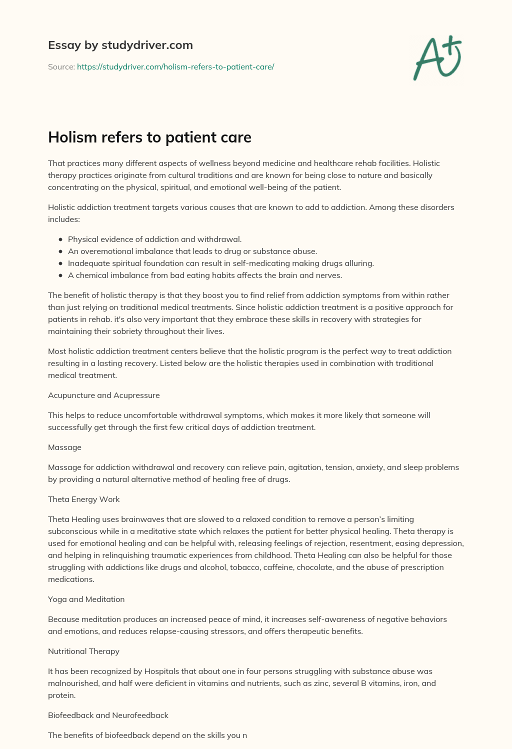 Holism Refers to Patient Care essay