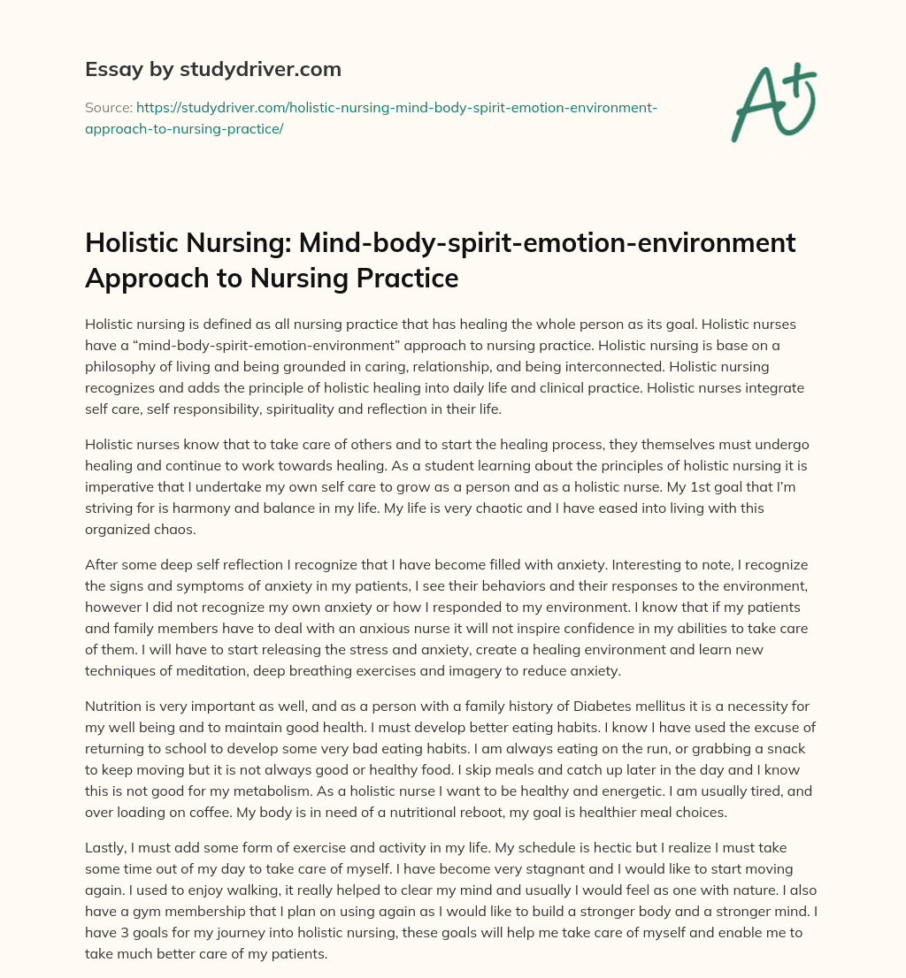 Holistic Nursing: Mind-body-spirit-emotion-environment Approach to Nursing Practice essay