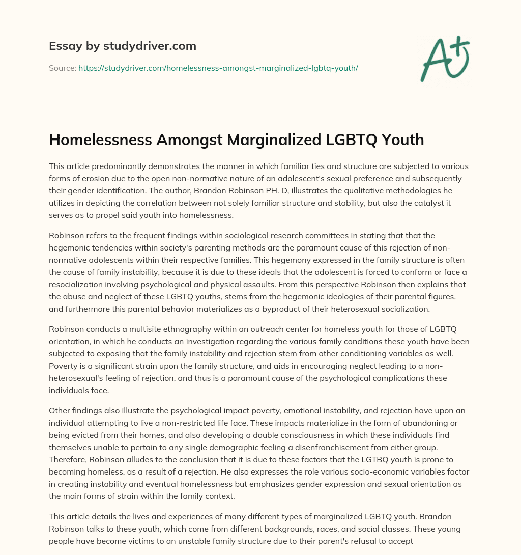 Homelessness Amongst Marginalized LGBTQ Youth essay