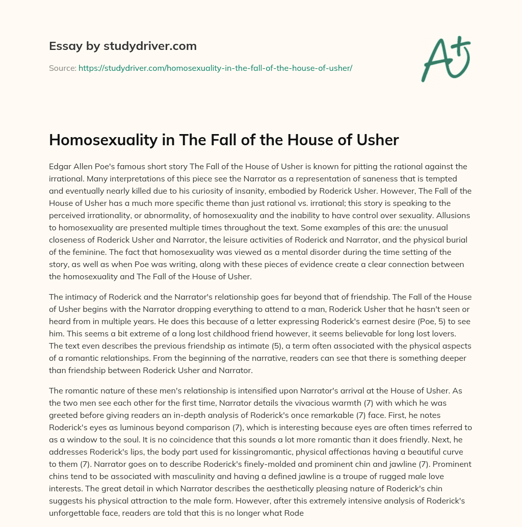 Homosexuality in the Fall of the House of Usher essay