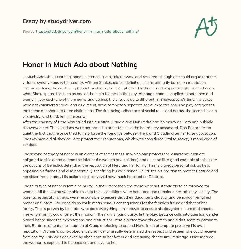Honor in Much Ado about Nothing essay