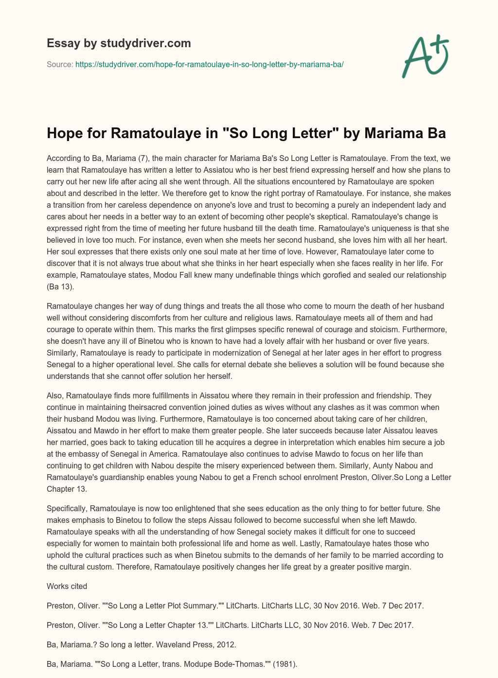 Hope for Ramatoulaye in “So Long Letter” by Mariama Ba essay