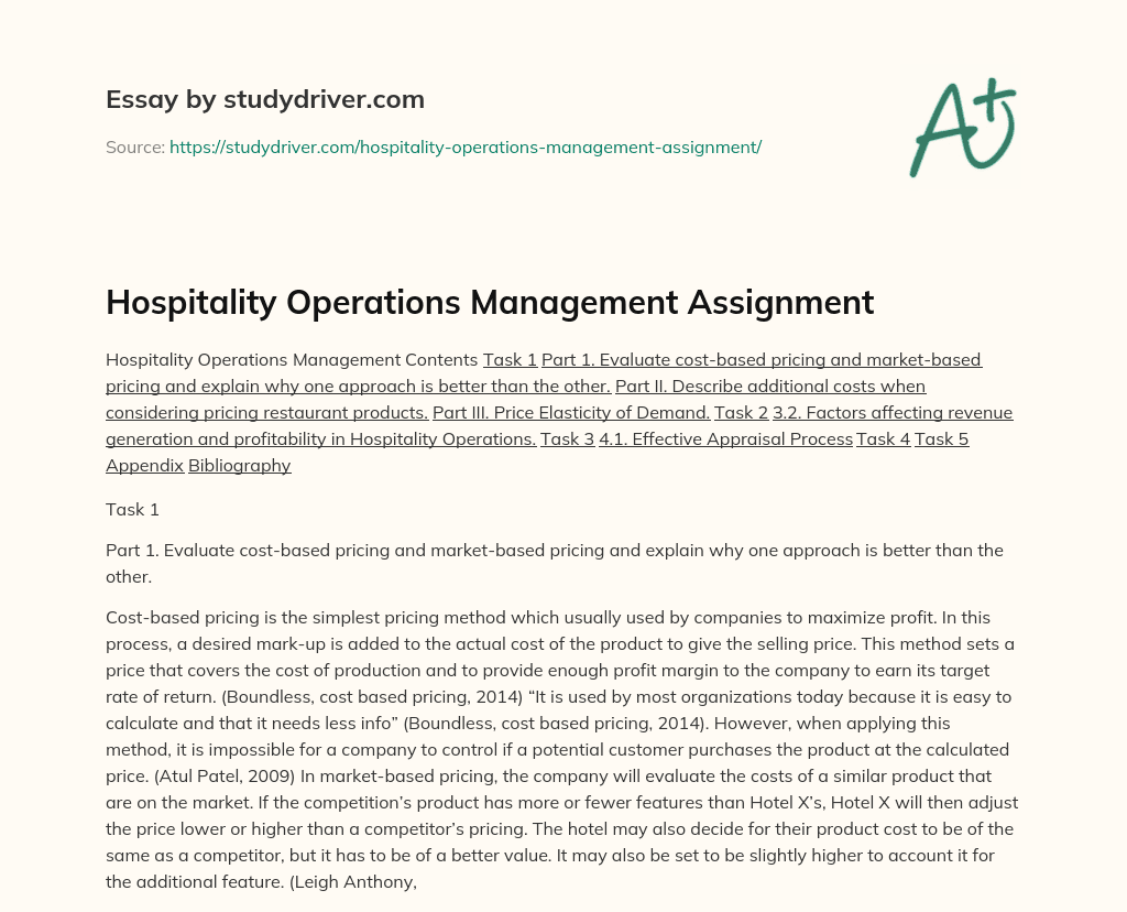 Hospitality Operations Management Assignment essay